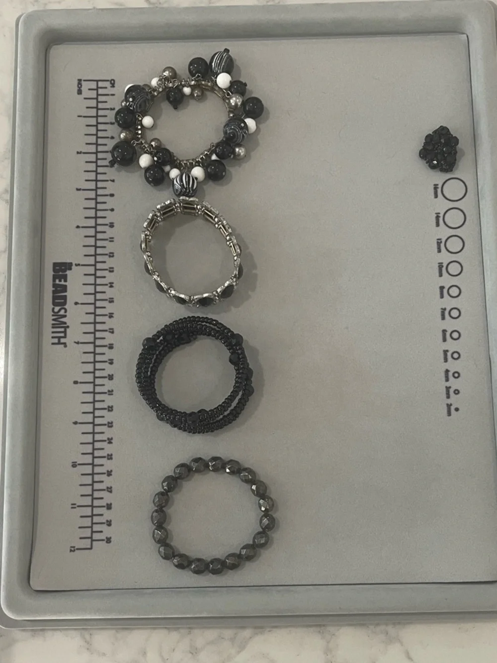Black Beaded Bracelet Set with Silver Accents and Beaded Stretch Ring
